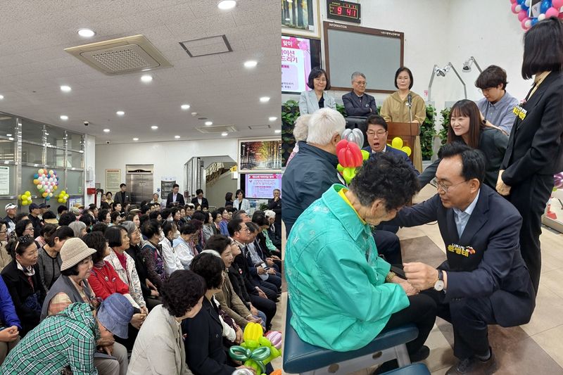 사진설명 = 한땀과 풀빛 연구회 회원 어르신 브로치 전달