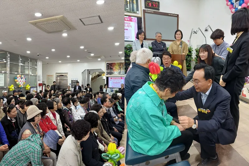 사진설명 = 한땀과 풀빛 연구회 회원 어르신 브로치 전달