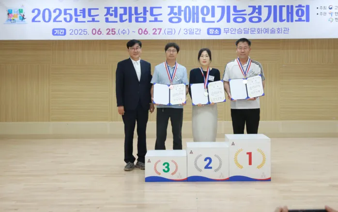 사진설명 = 2025년도 전남장애인기능경기대회’ 자전거조립 종목에 참가한 입상한 선수들이 상장과 메달을 받고 기념사진을 찍고 있다.(출처=한국장애인고용안정협회 전남지부)